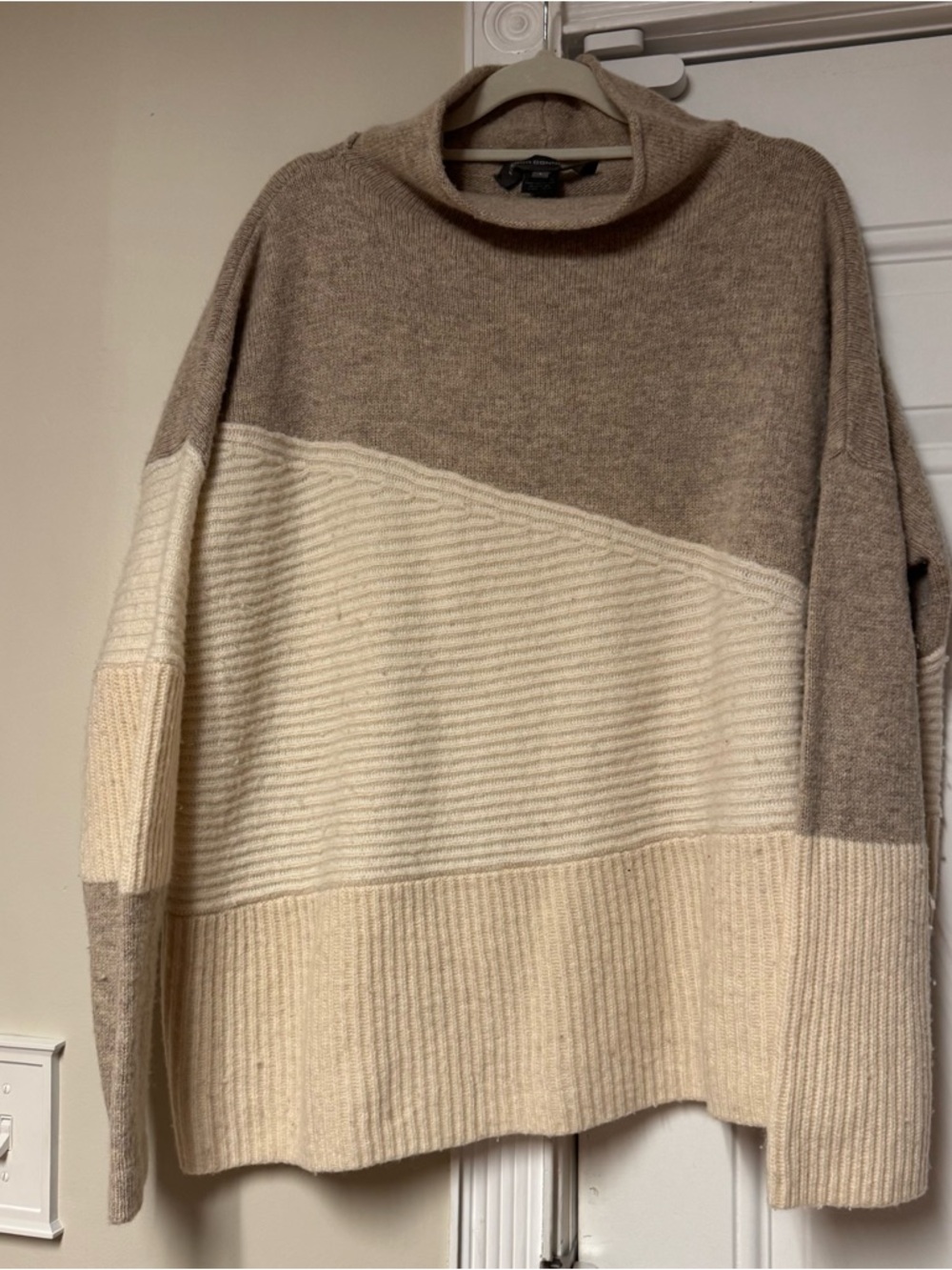 French Connection Two-Tone Cowl Neck Sweater in Taupe and Cream